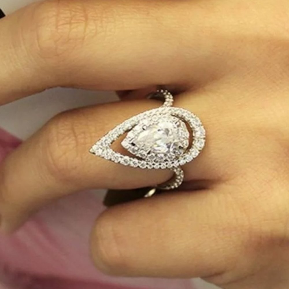 NEW 925 Silver Teardrop Pear Cut Double Halo Ring